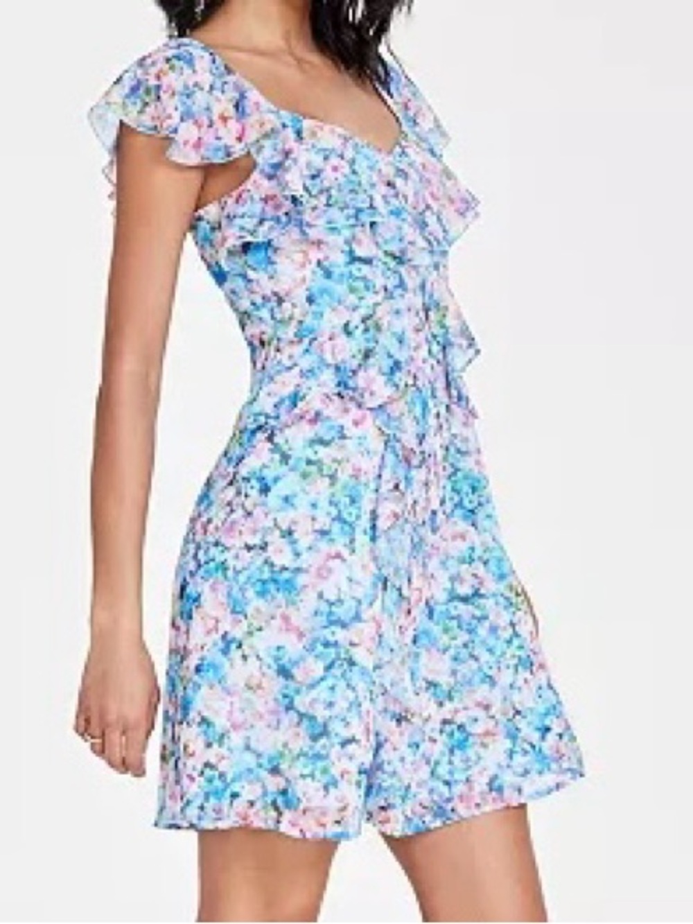 Bar III XS Blue Floral Ruffle Mini Dress
